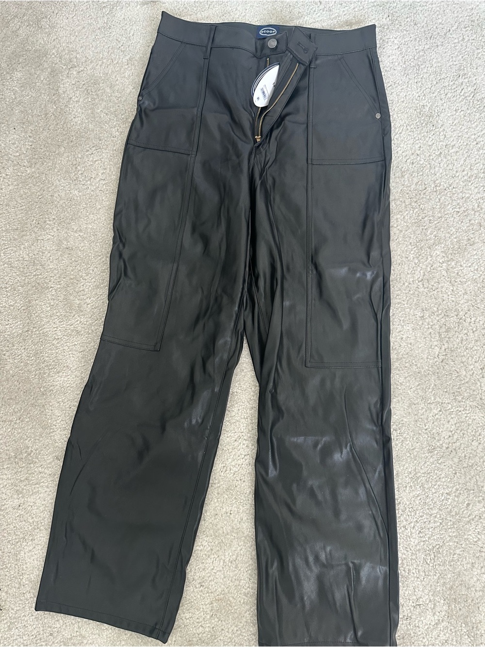 Black Faux Leather Straight-Leg Cargo Pants